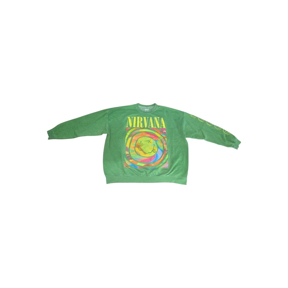Nirvana Sweatshirt Women L/XL Green Rainbow Smiley Face Graphic Pullover Grunge